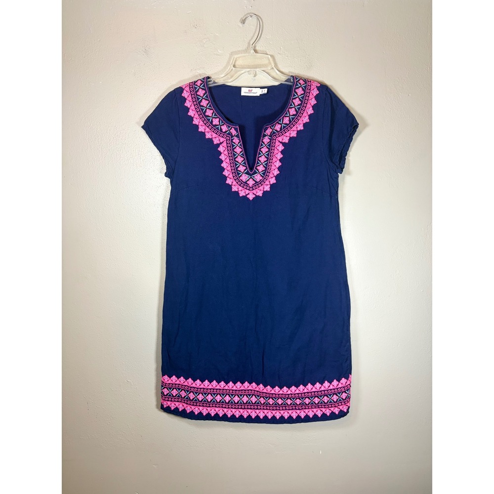 Vineyard Vines Navy Blue Embroidered Cotton Linen Shift Dress Size 6 Pink Trim